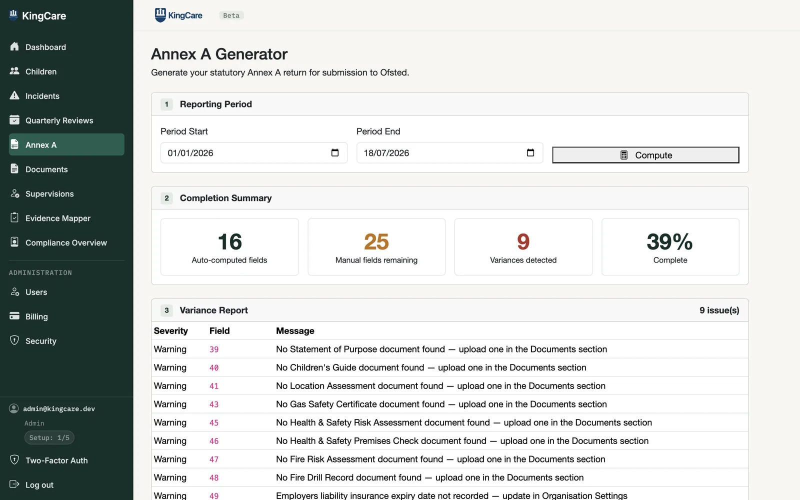 KingCare Annex A Generator — completion summary showing auto-computed fields, manual fields remaining, and variance report