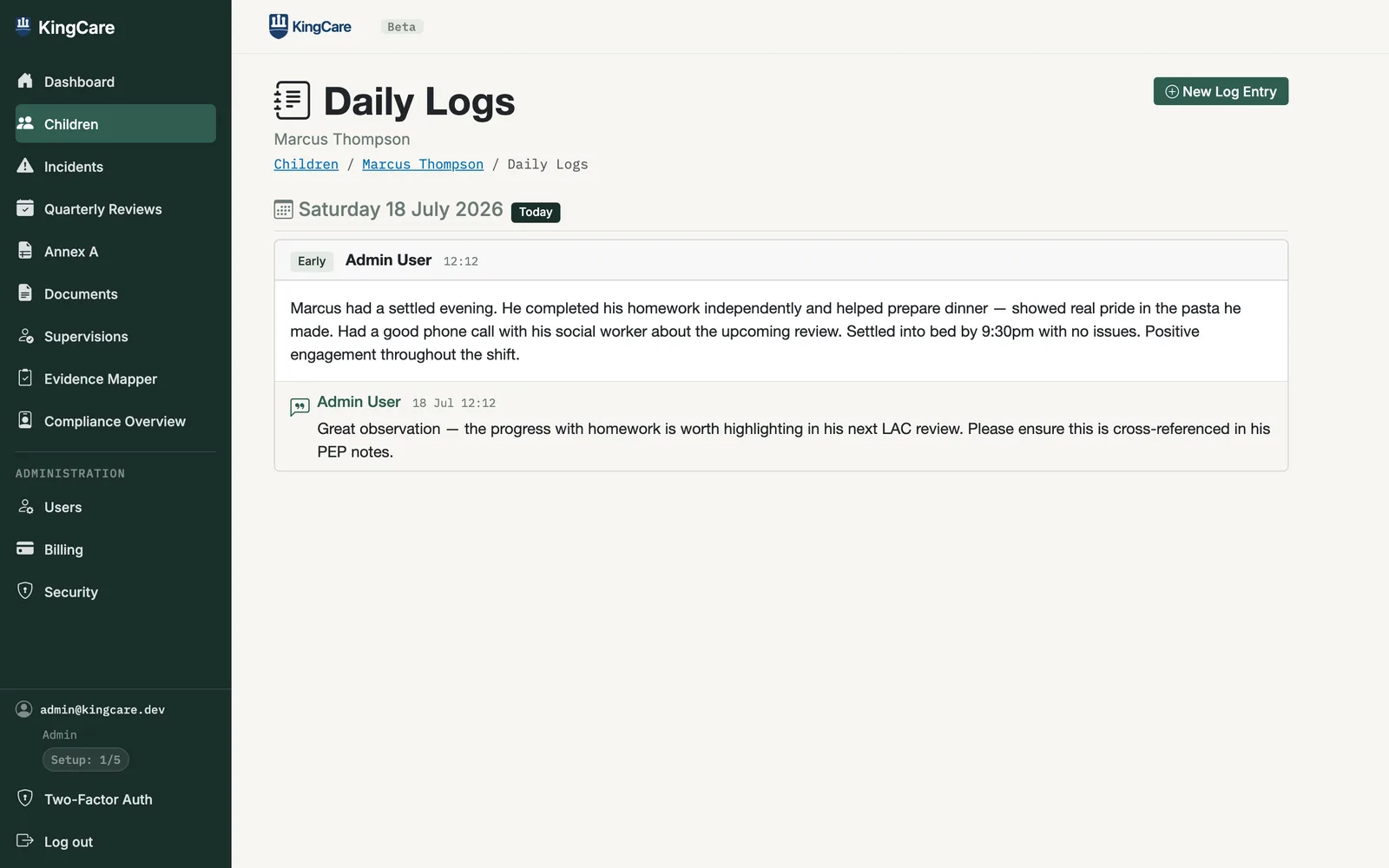 KingCare Daily Logs — log entry with manager comment visible below, showing structured oversight