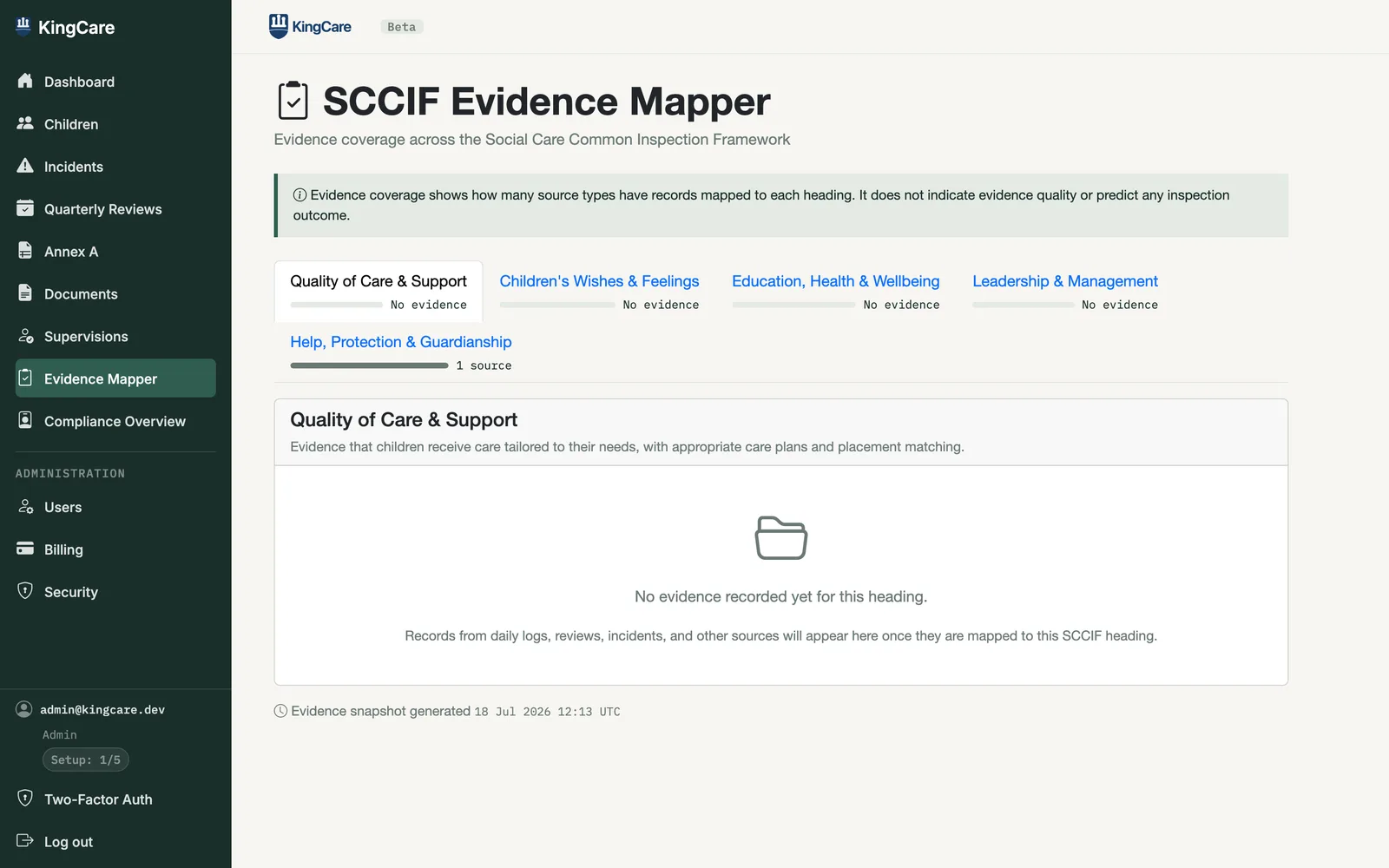 KingCare SCCIF Evidence Mapper — evidence coverage across five inspection headings with descriptive counts