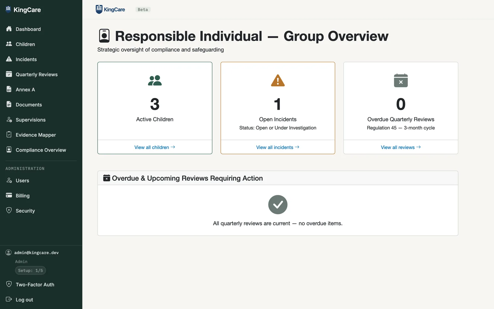 KingCare RI Dashboard — active children, open incidents, and overdue quarterly reviews at a glance